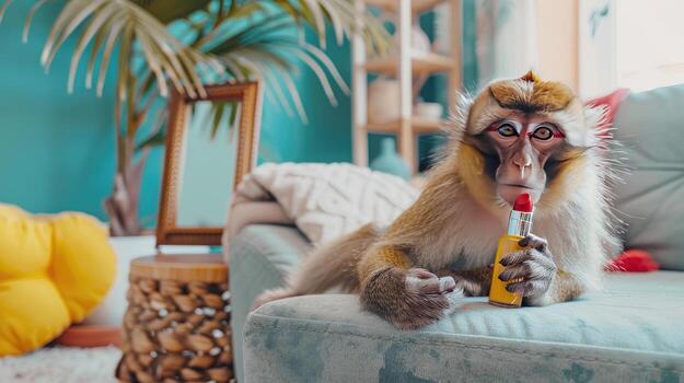 A monkey sitting on a couch with a bottle of alcohol photo