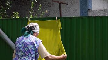 80 years old great-grandmother with traditional head scarf on head stand back and hanging wet laundry with clothespins on clothesline then go away. Authenticity of rustic life video