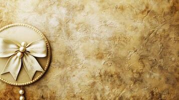 A gold ribbon and bow on a wall photo