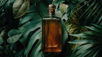 A bottle of whiskey surrounded by tropical plants photo
