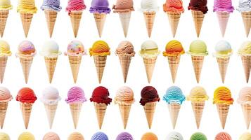 A large number of ice cream cones are arranged in a row photo
