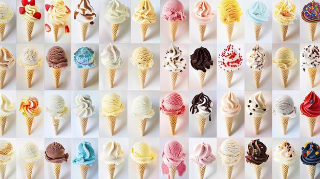 A large number of different ice cream cones photo