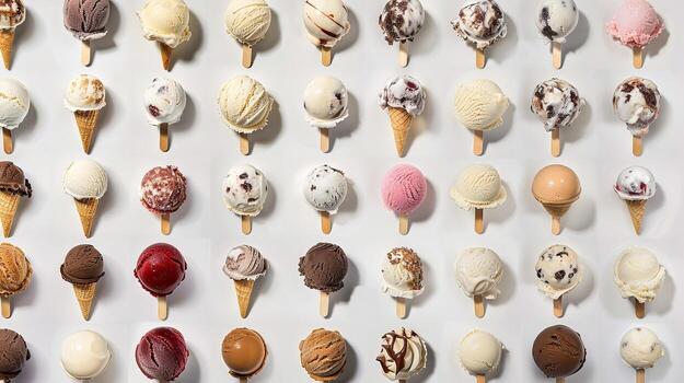 A large number of ice cream cones are arranged in a row photo