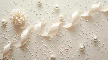 A white ribbon and pearls on a white background photo