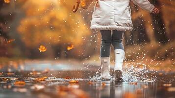 A girl in white boots and coat walking through the rain photo