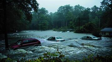 Cars are submerged in flood water in a residential area photo