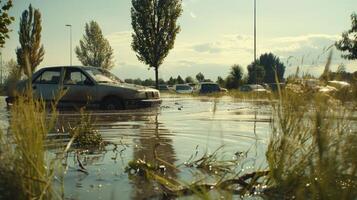 A car is driving through a flooded parking lot photo