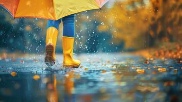 A person in yellow rain boots and yellow rain boots is walking in the rain photo