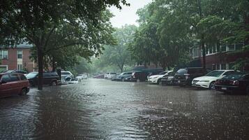 A flooded street with parked cars and trees photo