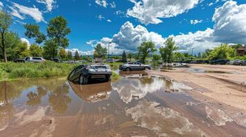 Cars are parked in a muddy parking lot photo