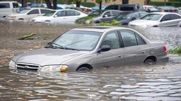 Flooded car in parking lot photo