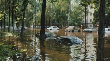 Cars are submerged in flood water in a city street photo