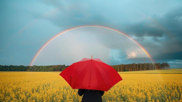 A person standing in a field with a red umbrella photo