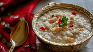 A bowl of rice with some vegetables and a spoon photo