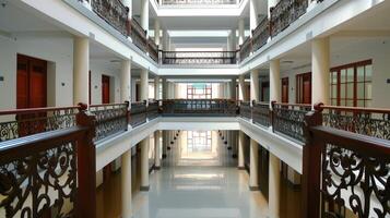A long hallway with a railing photo
