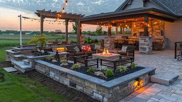 A backyard patio with a fire pit and outdoor seating photo