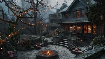 A house with a fire pit and lights on the front porch photo