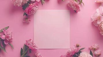 Pink flowers and paper on a pink background photo