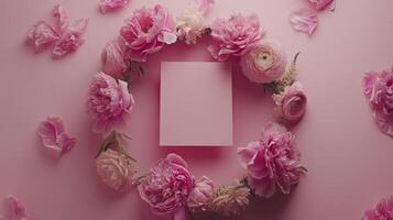 A pink background with pink flowers and a blank card photo