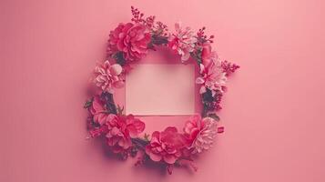 A pink wreath of flowers on a pink background photo
