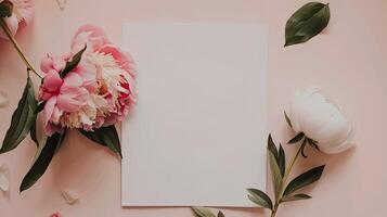 Pink flowers and paper on a pink background photo
