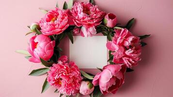 A wreath of pink peonies is arranged around a blank piece of paper photo