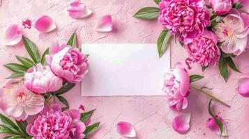 Pink peonies flowers and a blank card on a pink background photo