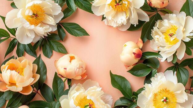 White and yellow peonies are arranged in a circle photo