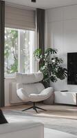 Modern living room with white furniture and a tv photo