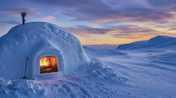 A snow covered igloo with a fire inside photo