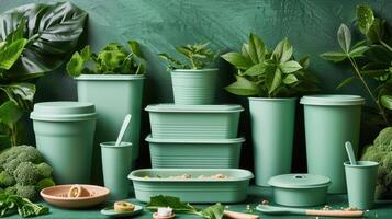 Green plastic containers with plants and vegetables photo