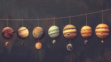 Planets hanging from strings in a dark room photo