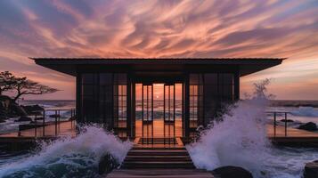A house with a large window overlooking the ocean at sunset photo