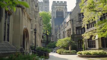 A walkway in front of a building with a clock tower photo