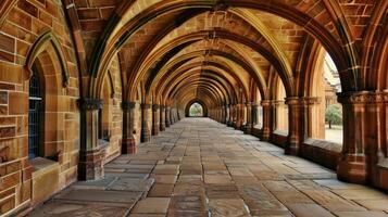 A long walkway with arches and stone walls photo