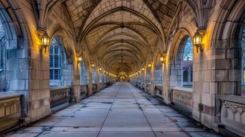 A long walkway with arches and lights in a building photo