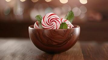 A bowl of candy with peppermint leaves in it photo