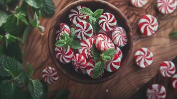 A bowl of peppermint candy on a wooden table photo