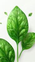 A green leaf is shown on a white background photo