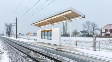 A train station with a white roof and snow on the ground photo