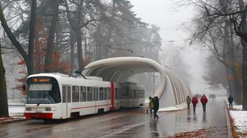 A white and red train on a rainy day photo