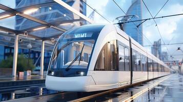 A white train is traveling down a track photo