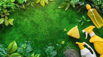 Green cleaning products on a green background photo