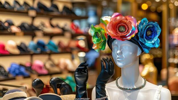 Mannequin wearing a colorful flower headband in a store photo
