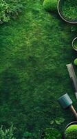 Gardening tools and plants on a green grass photo