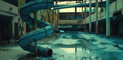 An abandoned building with a slide in the middle photo