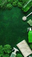 Green cleaning products on a green background photo