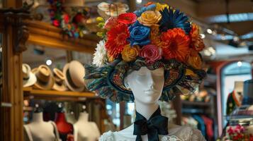 A mannequin wearing a colorful hat and a bow tie photo