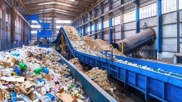 A factory with a conveyor belt filled with plastic photo