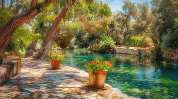 A painting of a pond with flowers in pots photo